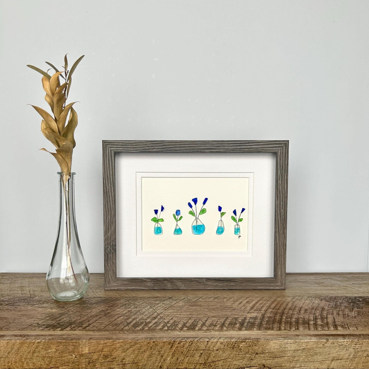 Sea Glass Flowers in Vases - Framed Shadowbox Artwork - 8x10