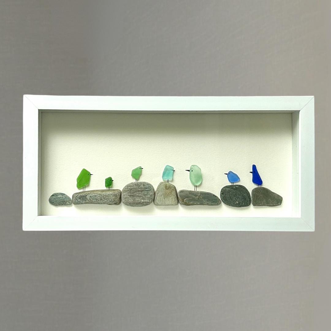 Sea Glass Rainbow Birds on Pebbles - 6-in x 14-in