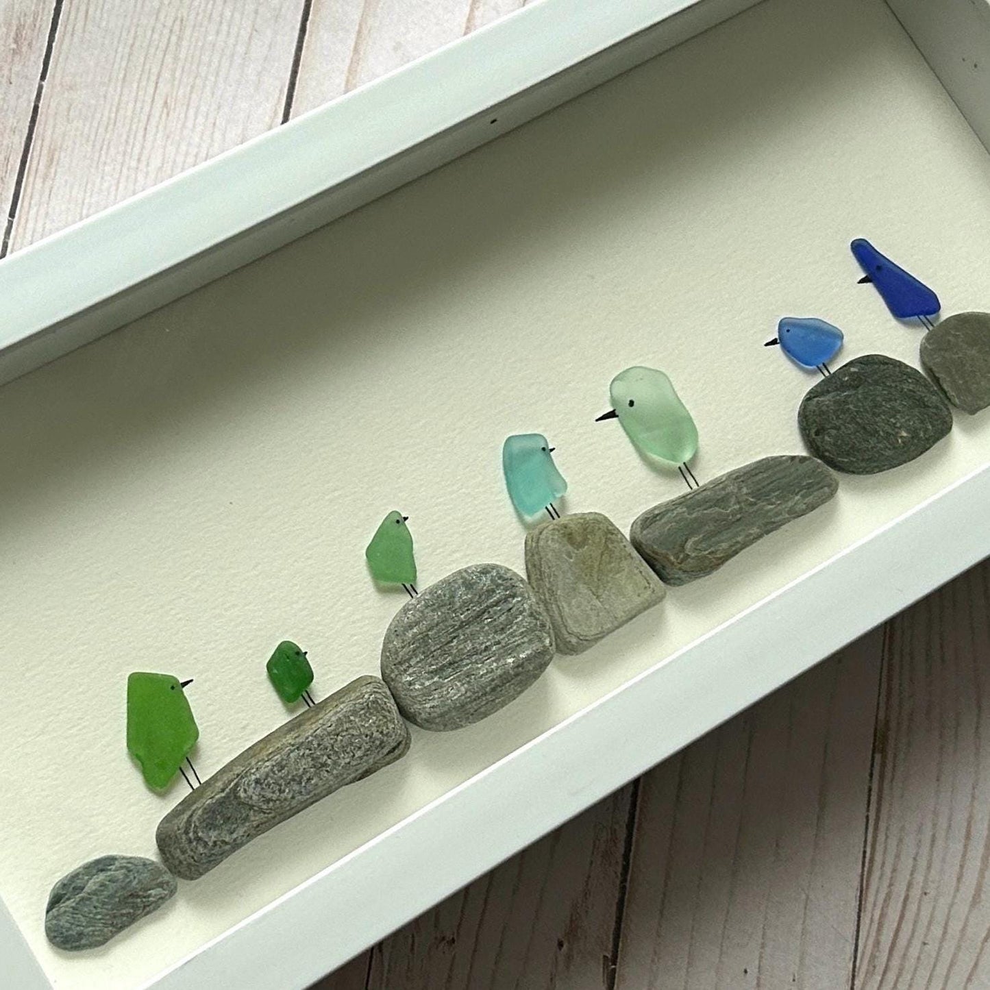 Sea Glass Rainbow Birds on Pebbles - 6-in x 14-in