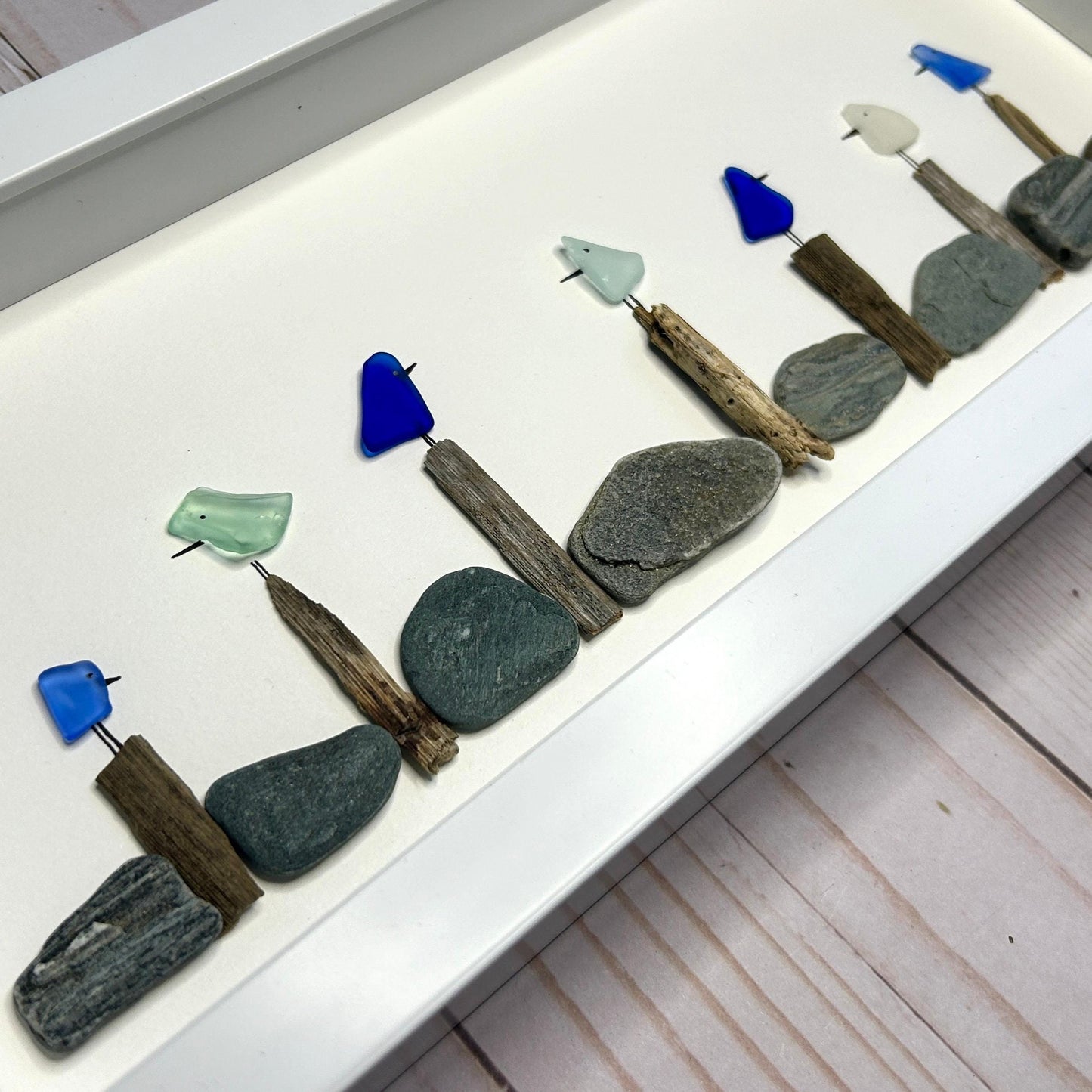 Colorful Sea Glass Birds on Driftwood Posts - 6-in x 14-in