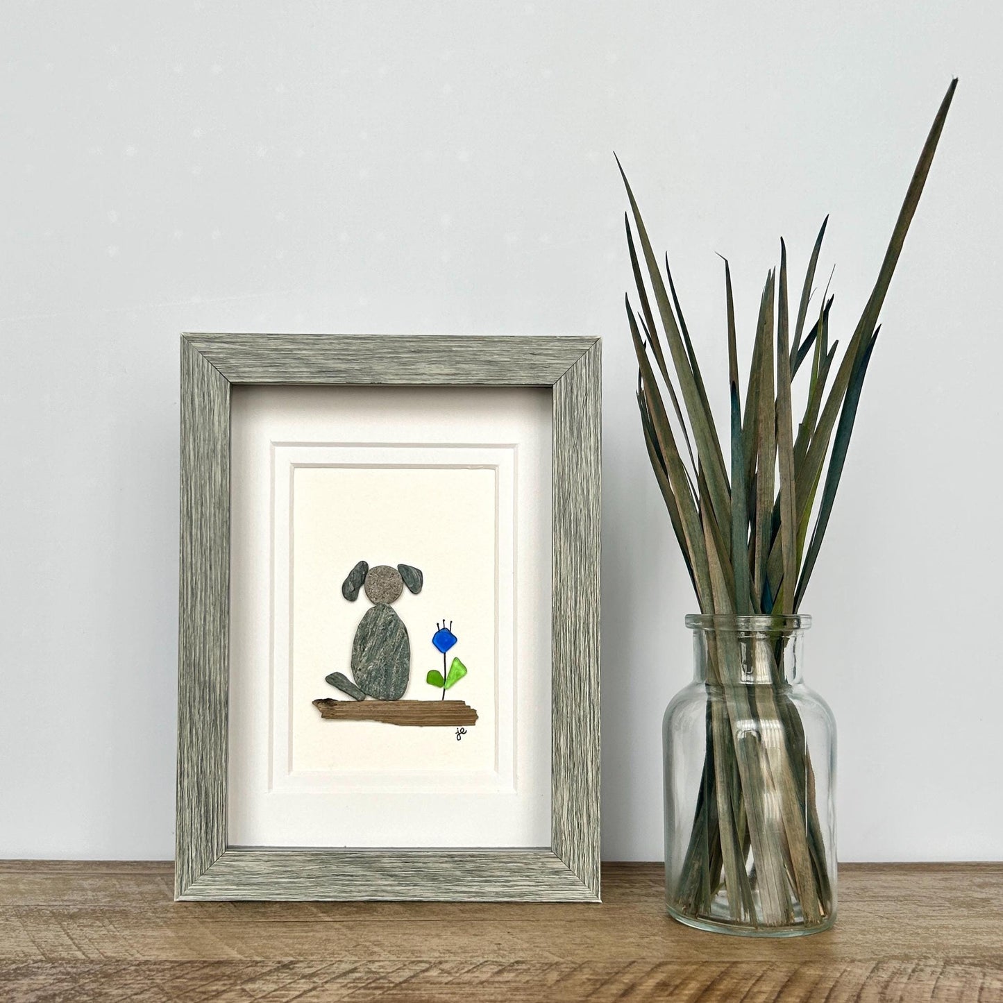 Beach Pebble Dog and Sea Glass Flower - 5-in x 7-in