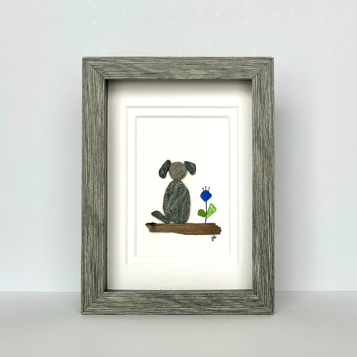 Beach Pebble Dog and Sea Glass Flower - 5-in x 7-in