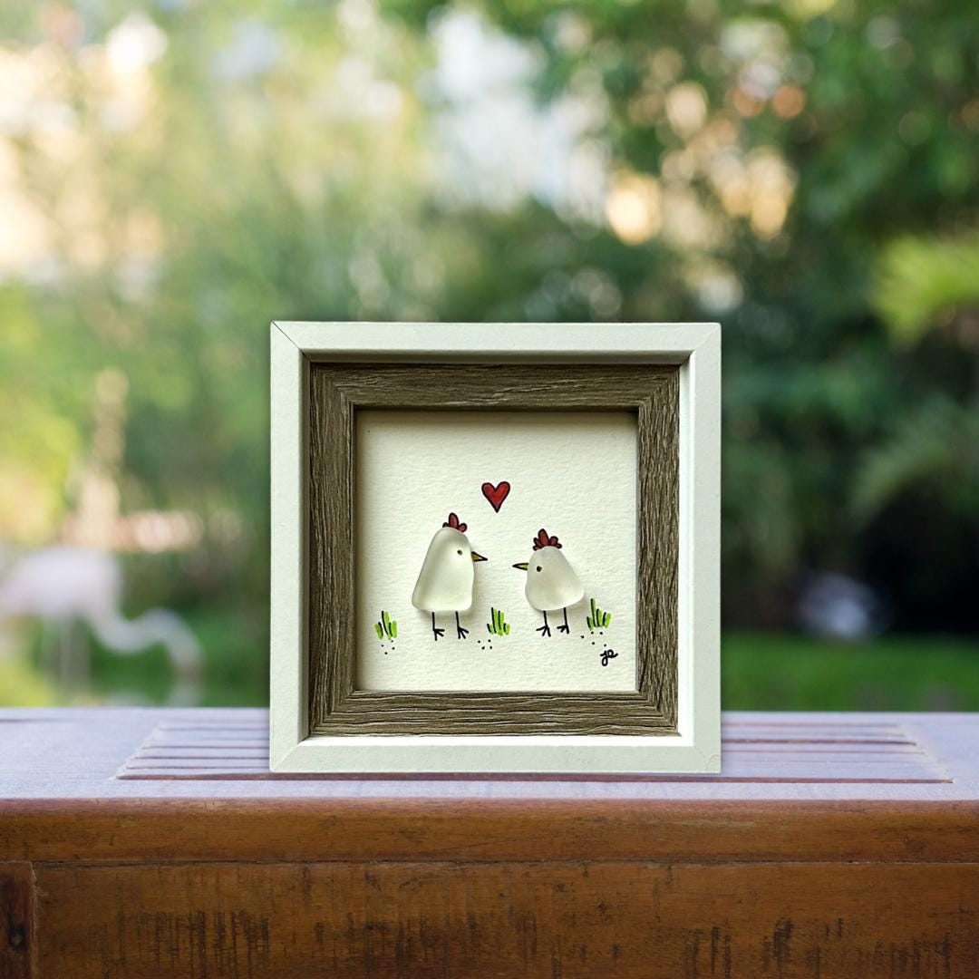 Sea Glass Chickens - Framed Mini Artwork - 3x3