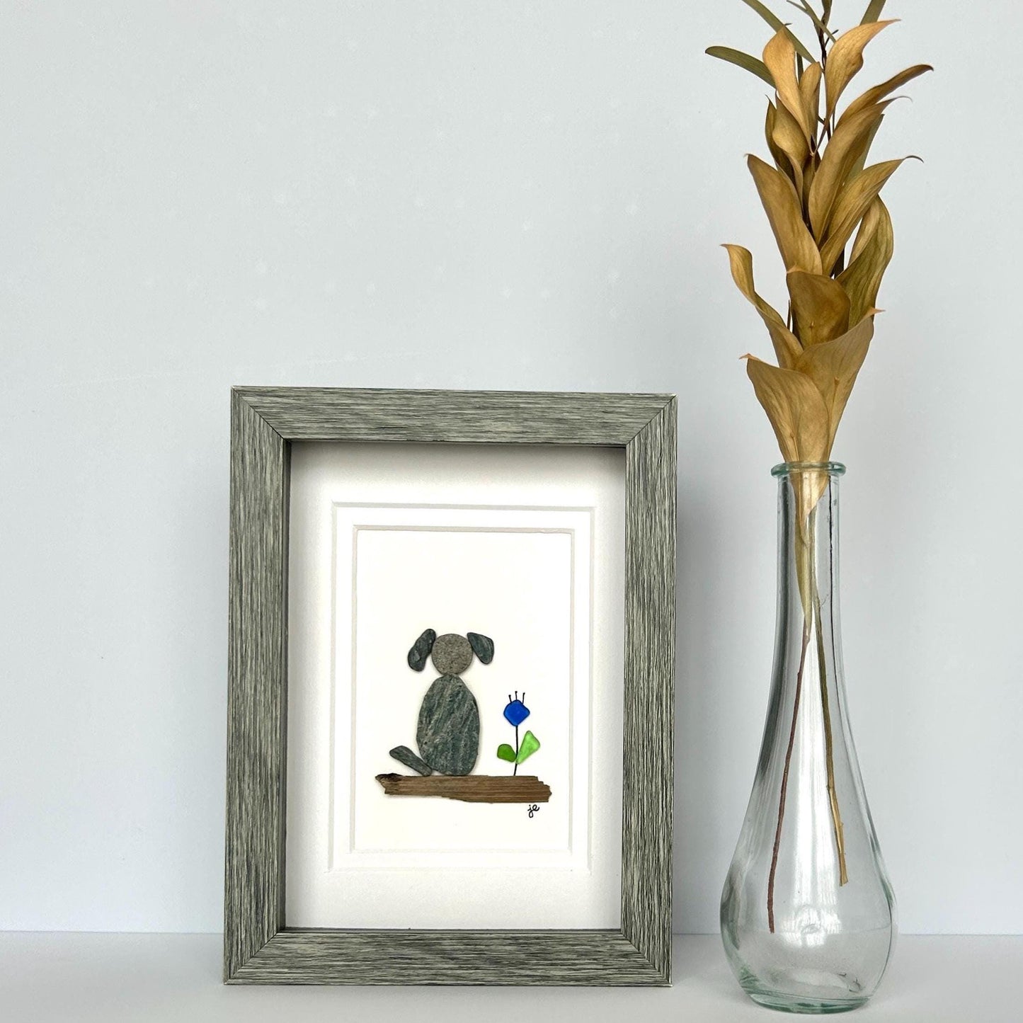 Beach Pebble Dog and Sea Glass Flower - 5-in x 7-in