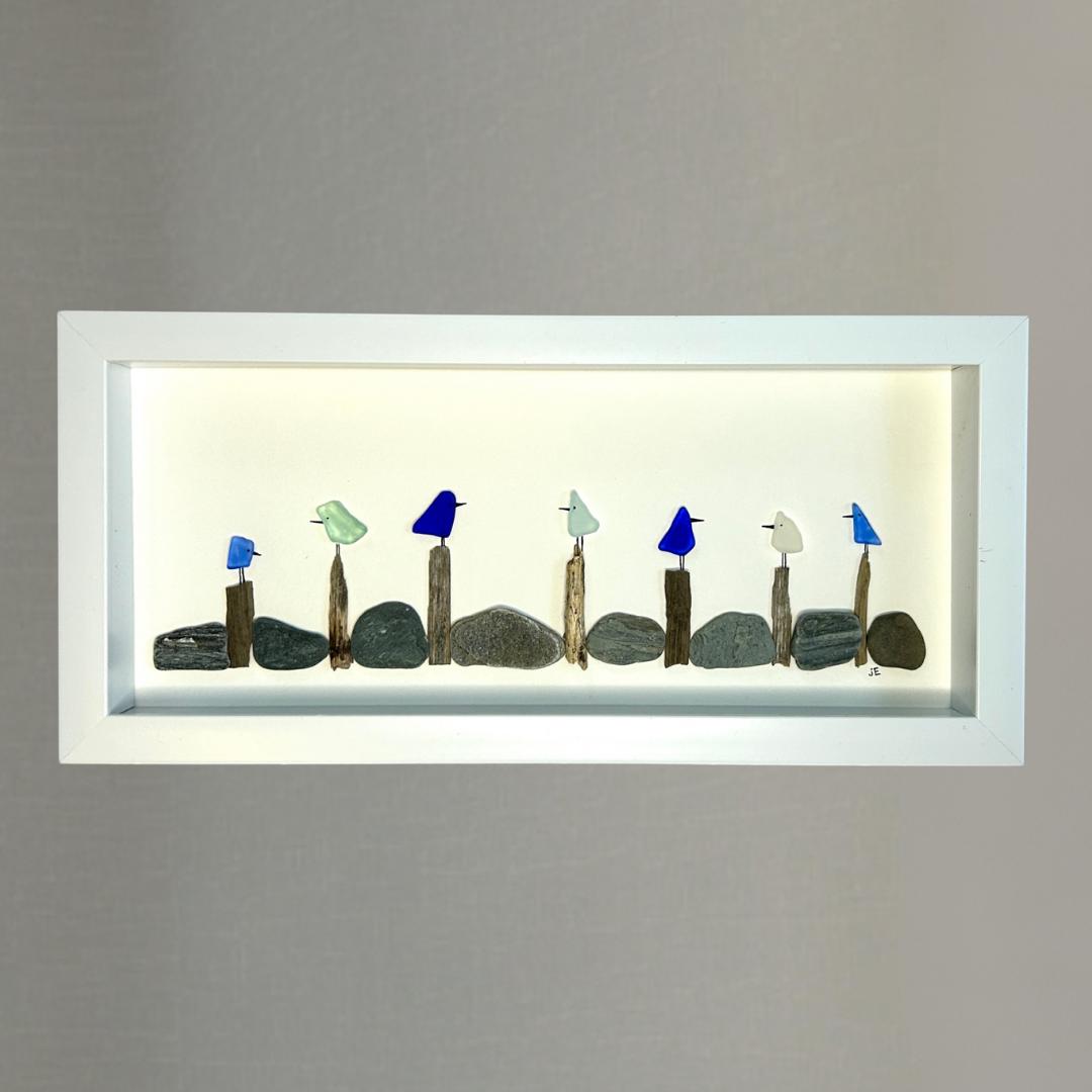 Colorful Sea Glass Birds on Driftwood Posts - 6-in x 14-in