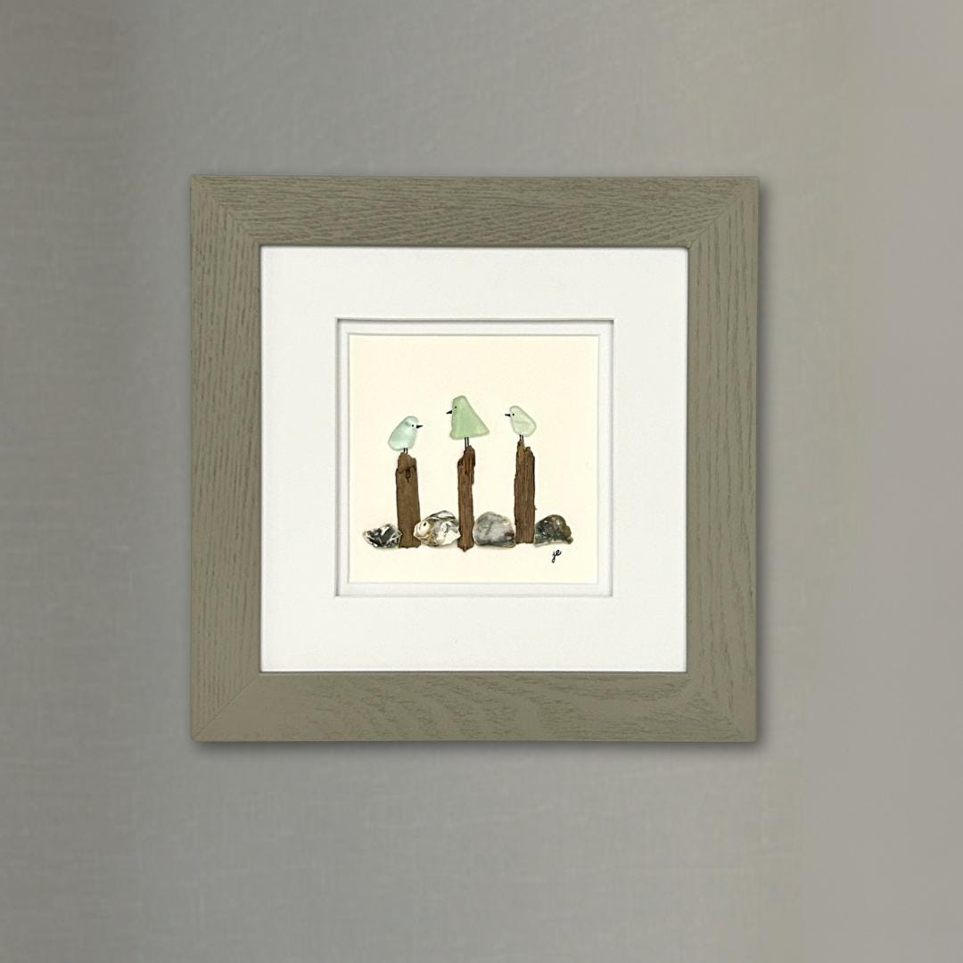 Sea Glass Birds on Posts - Framed Artwork - 8x8