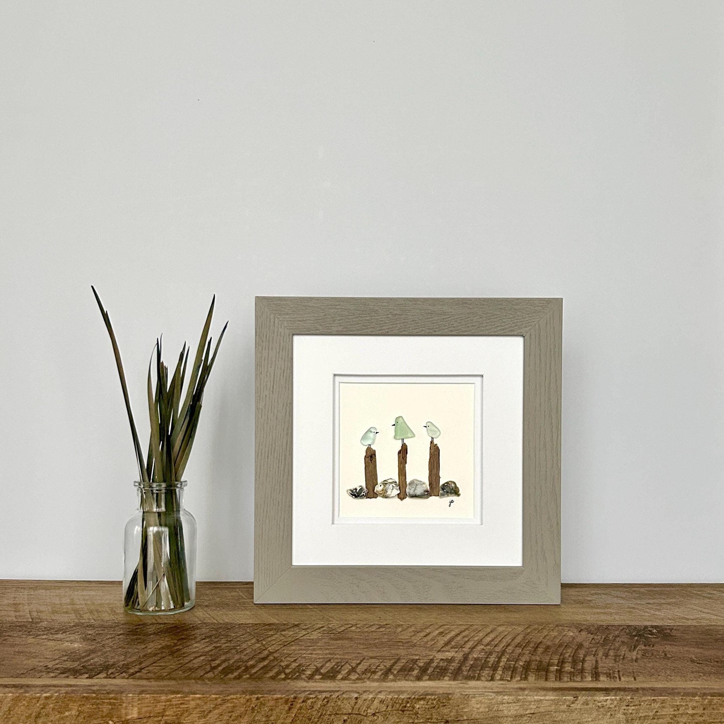 Sea Glass Birds on Posts - Framed Artwork - 8x8