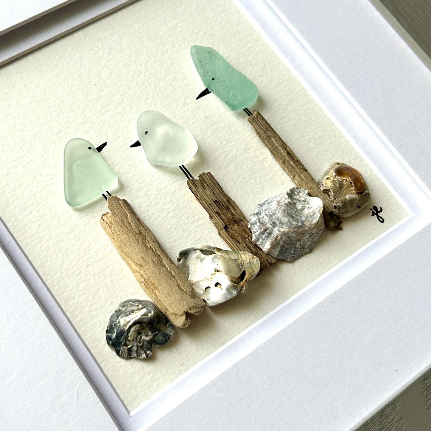 Sea Glass Birds on Posts - Framed Artwork - 8x8