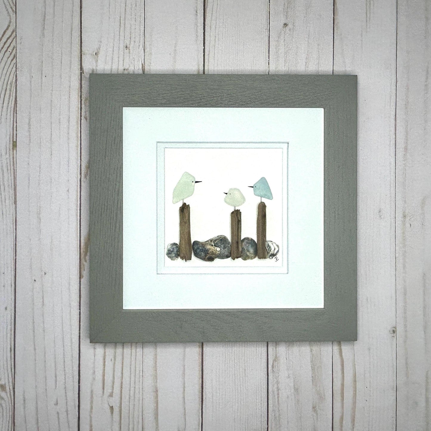 Sea Glass Birds on Posts - Framed Artwork - 8x8