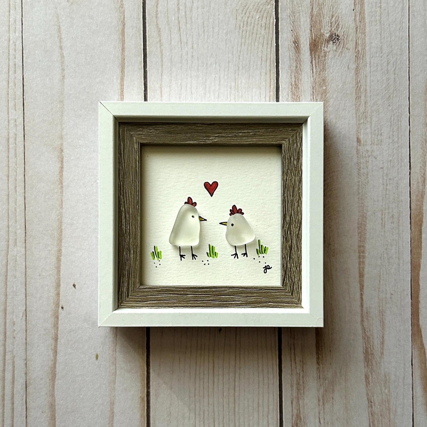 Sea Glass Chickens - Framed Mini Artwork - 3x3
