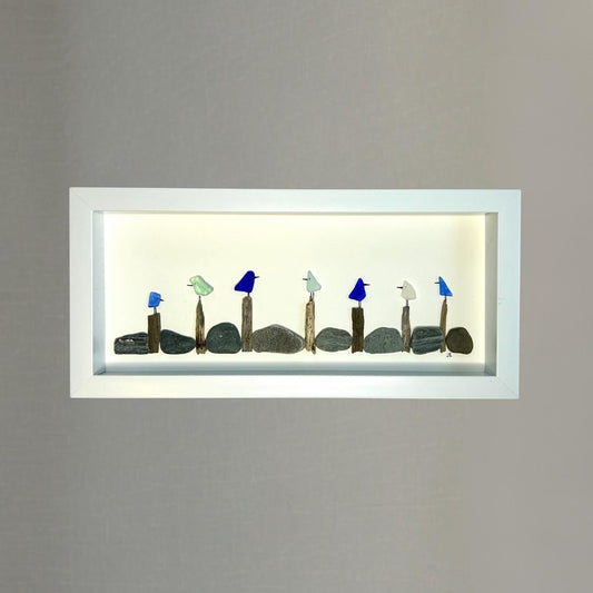 Colorful Sea Glass Birds on Driftwood Posts - 6-in x 14-in