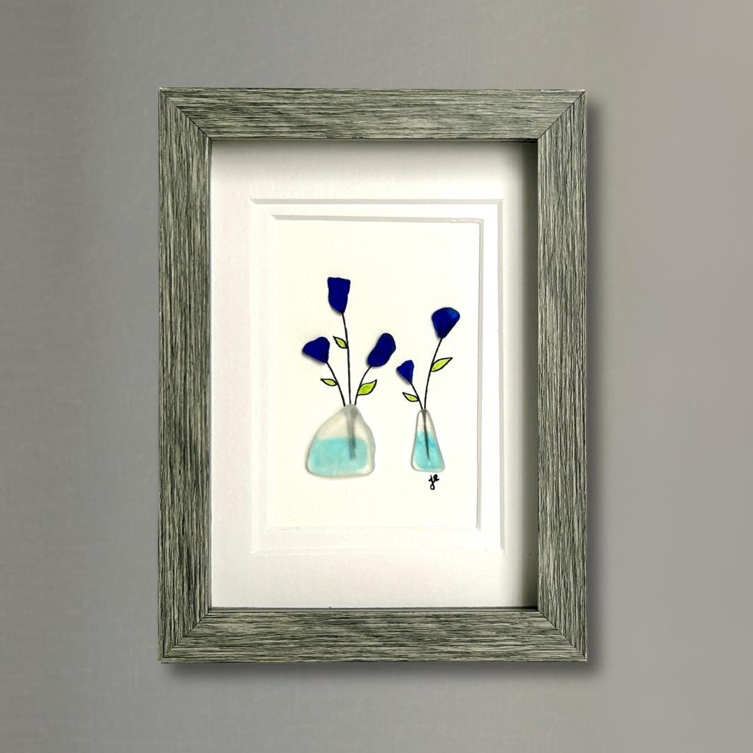 Sea Glass Flowers in Vases - Framed Shadowbox Artwork - 5x7