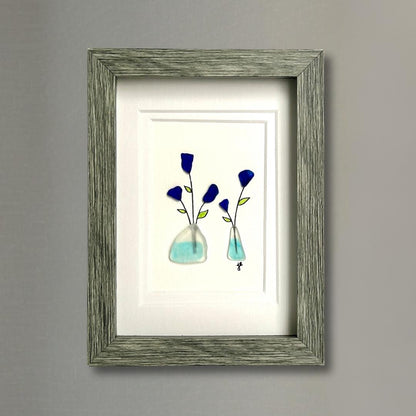 Sea Glass Flowers in Vases - Framed Shadowbox Artwork - 5x7