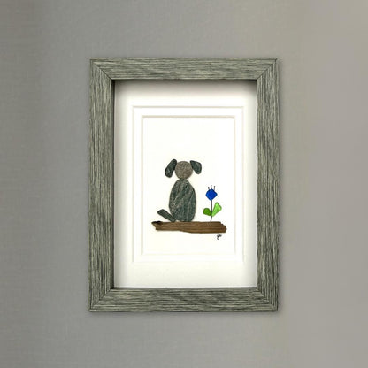 Beach Pebble Dog and Sea Glass Flower - 5-in x 7-in