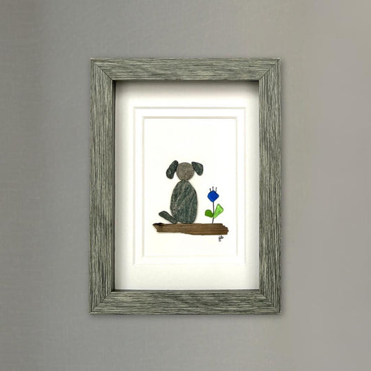 Beach Pebble Dog and Sea Glass Flower - 5-in x 7-in