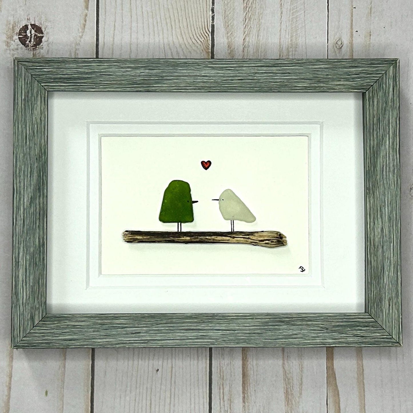 Sea Glass Love Birds - Framed Shadowbox Artwork - 5x7