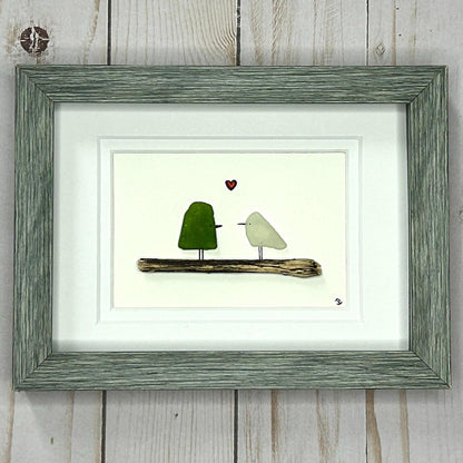 Sea Glass Love Birds - Framed Shadowbox Artwork - 5x7