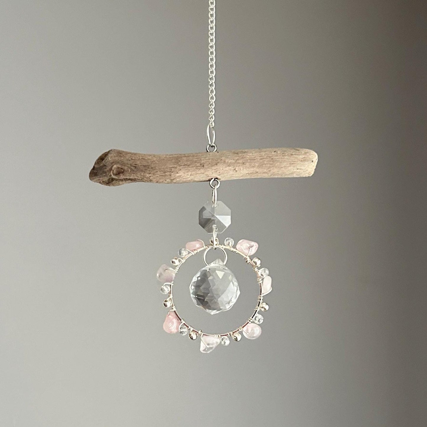 Rose Quartz & Driftwood Prism Suncatcher