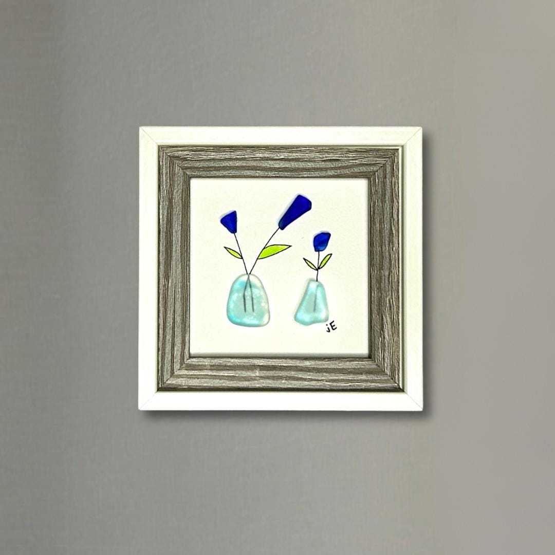Blue Sea Glass Flowers in Vases - Framed Mini Artwork - 3x3