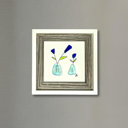Blue Sea Glass Flowers in Vases - Framed Mini Artwork - 3x3