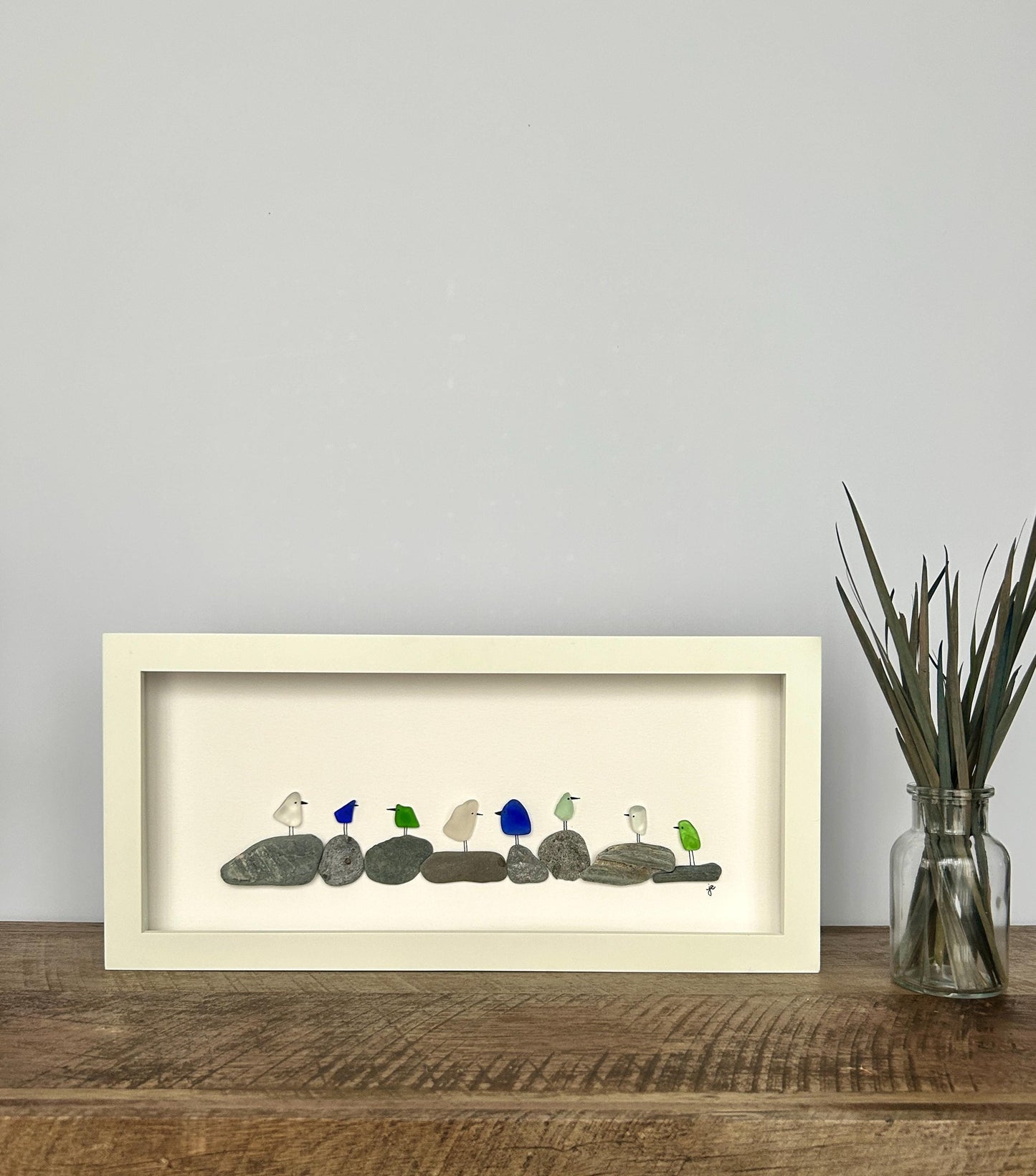 Sea Glass Birds on Pebbles - 6-in x 14-in