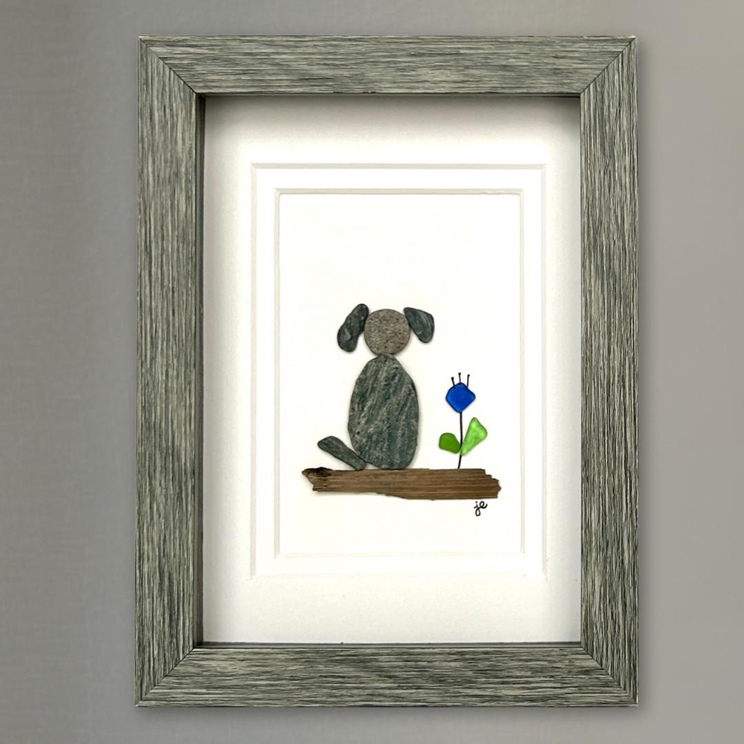 Beach Pebble Dog and Sea Glass Flower - 5-in x 7-in