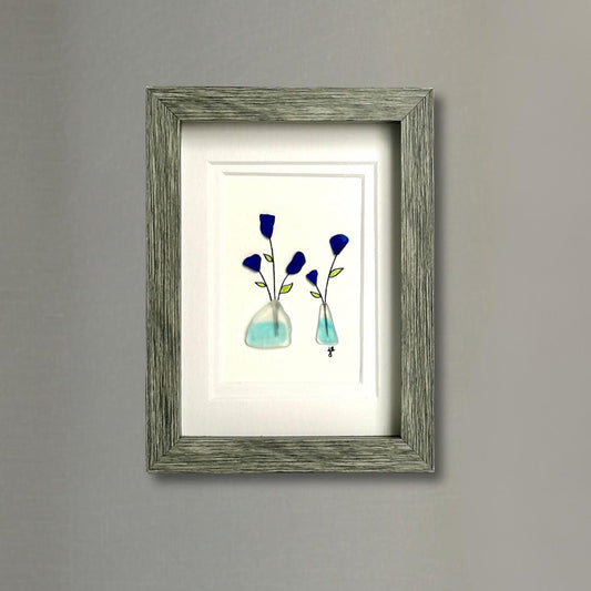 Sea Glass Flowers in Vases - Framed Shadowbox Artwork - 5x7