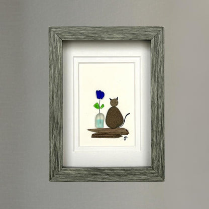 Beach Pebble Cat and Sea Glass Flower - Framed Shadowbox Artwork - 5x7