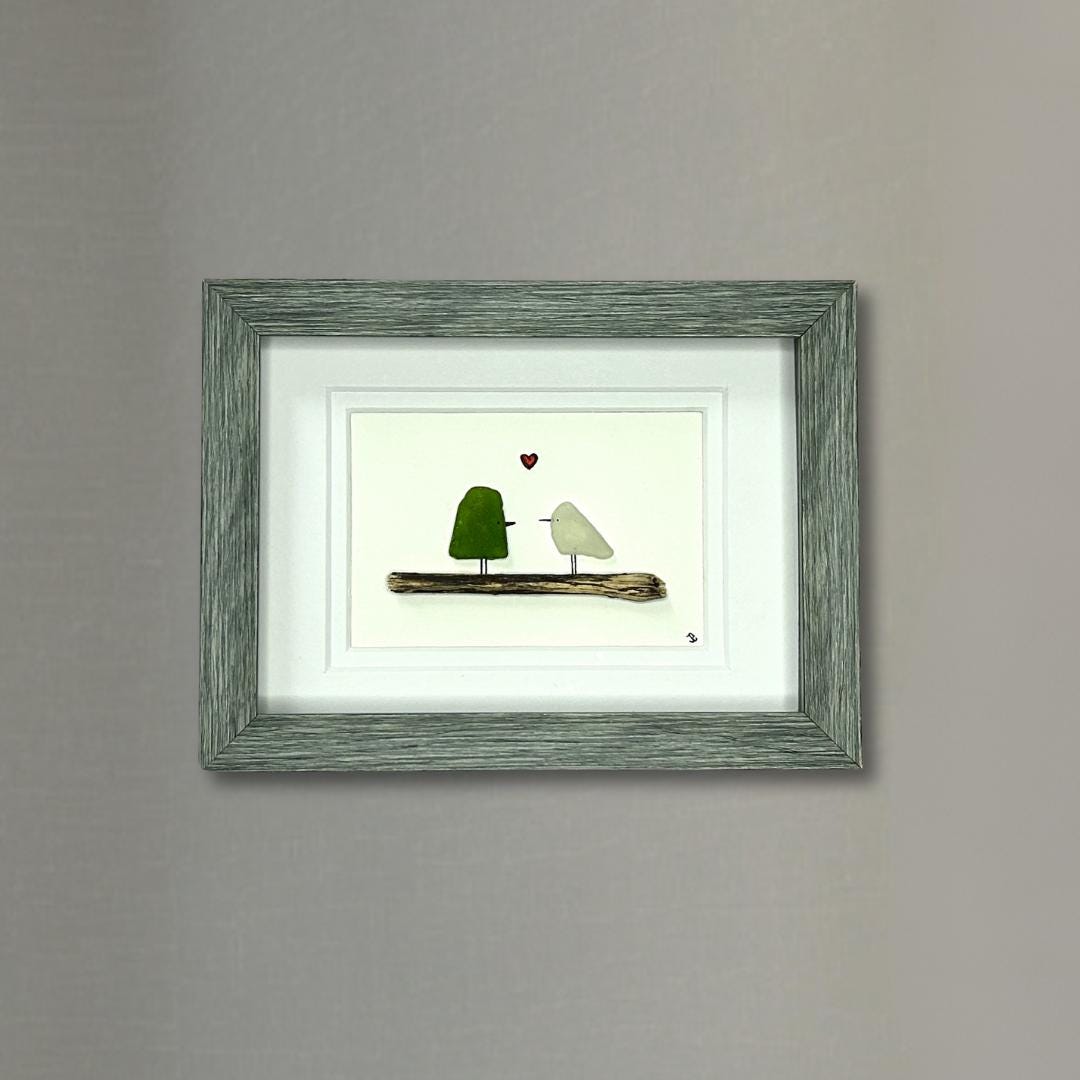 Sea Glass Love Birds - Framed Shadowbox Artwork - 5x7