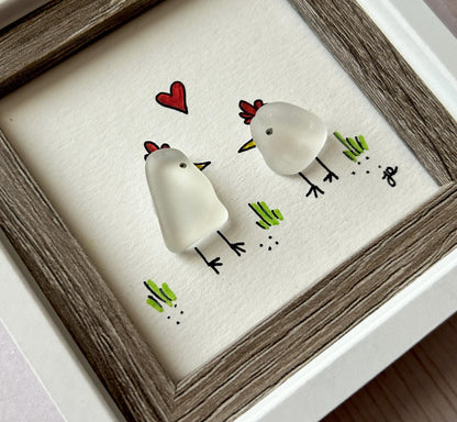 Sea Glass Chickens - Framed Mini Artwork - 3x3