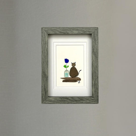 Beach Pebble Cat and Sea Glass Flower - Framed Shadowbox Artwork - 5x7