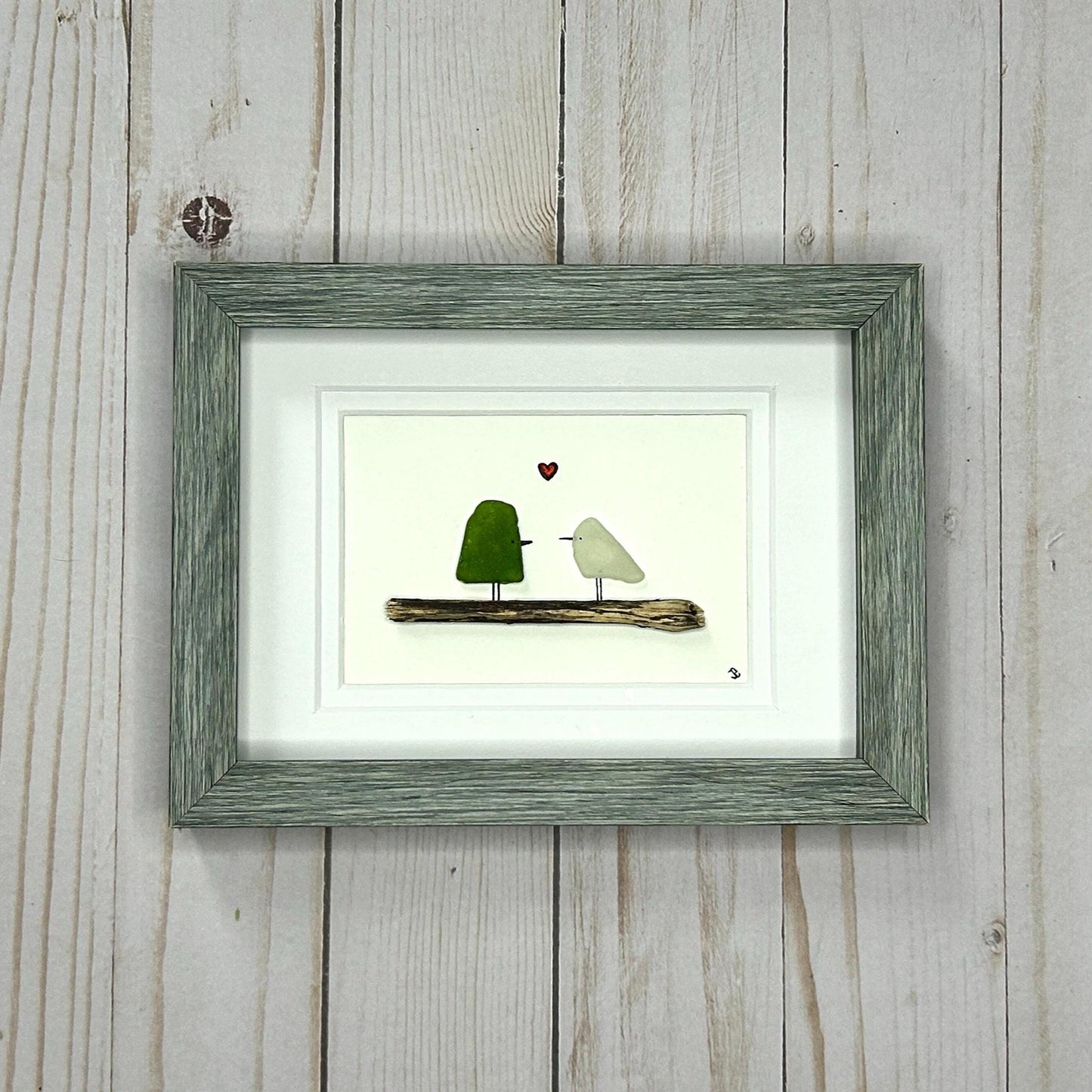 Sea Glass Love Birds - Framed Shadowbox Artwork - 5x7