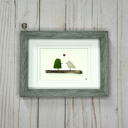 Sea Glass Love Birds - Framed Shadowbox Artwork - 5x7