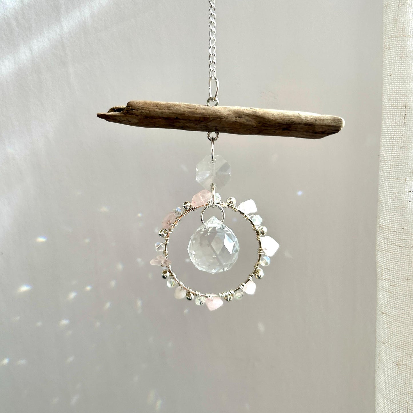 Rose Quartz & Driftwood Prism Suncatcher