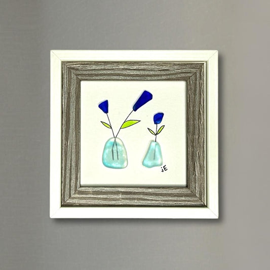 Blue Sea Glass Flowers in Vases - Framed Mini Artwork - 3x3