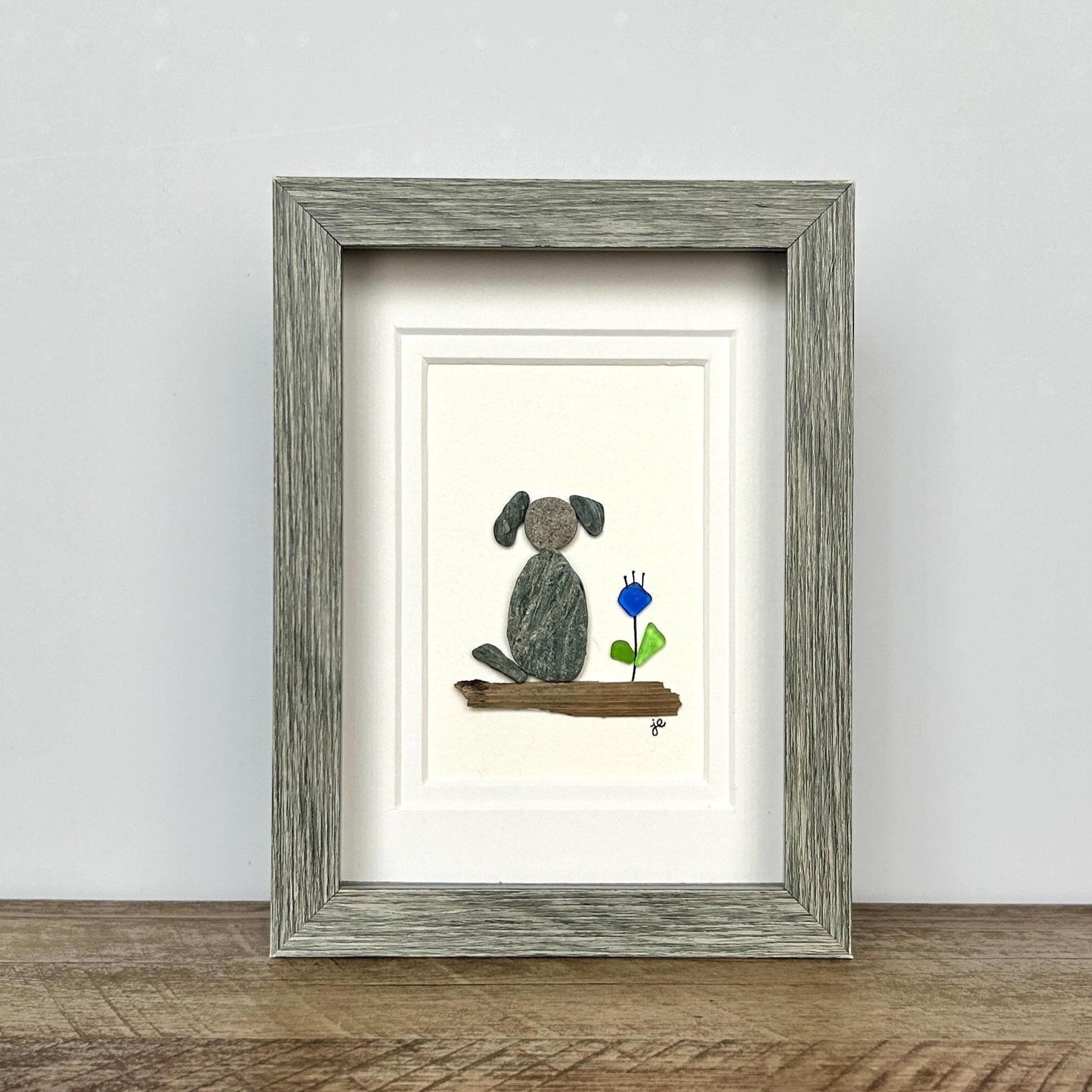 Beach Pebble Dog and Sea Glass Flower - 5-in x 7-in