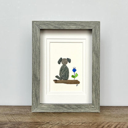 Beach Pebble Dog and Sea Glass Flower - 5-in x 7-in