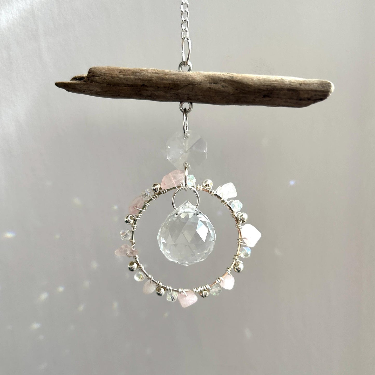 Rose Quartz & Driftwood Prism Suncatcher
