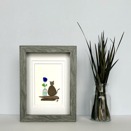 Beach Pebble Cat and Sea Glass Flower - Framed Shadowbox Artwork - 5x7