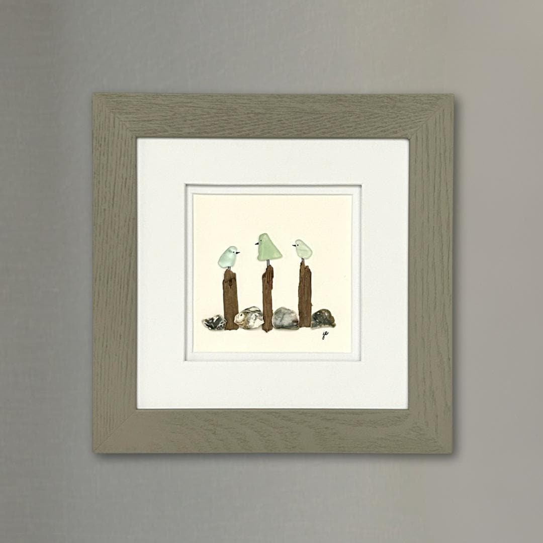Sea Glass Birds on Posts - Framed Artwork - 8x8
