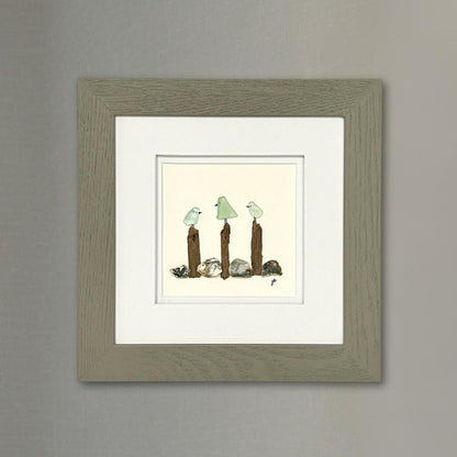 Sea Glass Birds on Posts - Framed Artwork - 8x8