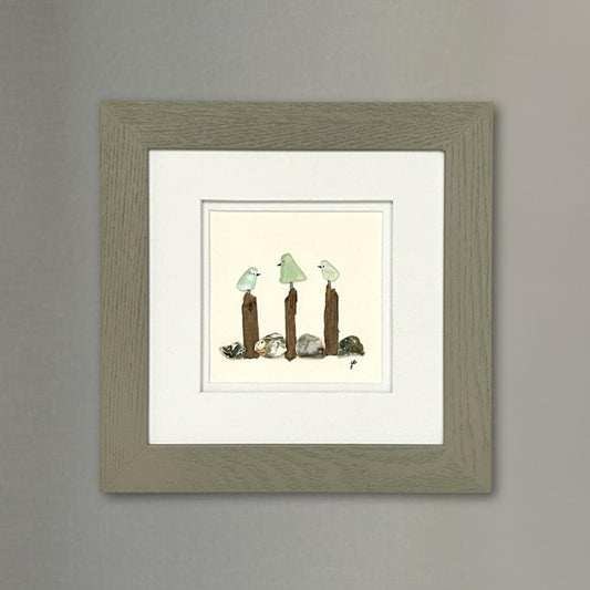 Sea Glass Birds on Posts - Framed Artwork - 8x8