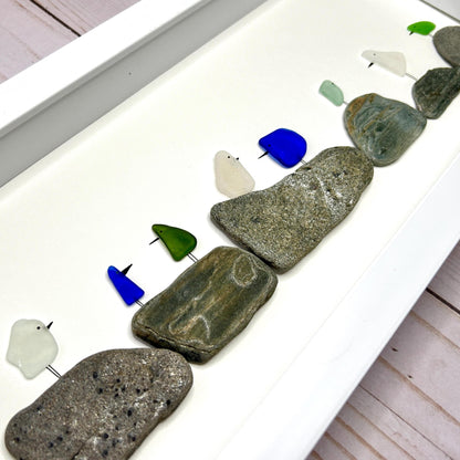 Sea Glass Birds on Pebbles - 6-in x 14-in