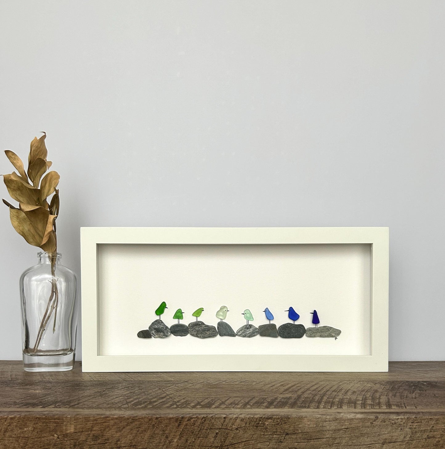 Sea Glass Rainbow Birds on Pebbles - 6-in x 14-in