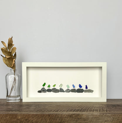 Sea Glass Rainbow Birds on Pebbles - 6-in x 14-in
