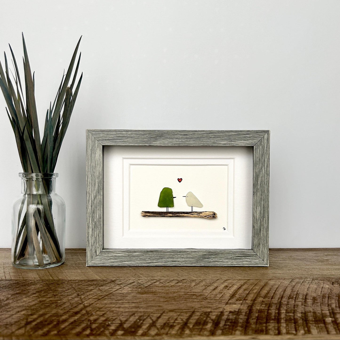Sea Glass Love Birds - Framed Shadowbox Artwork - 5x7