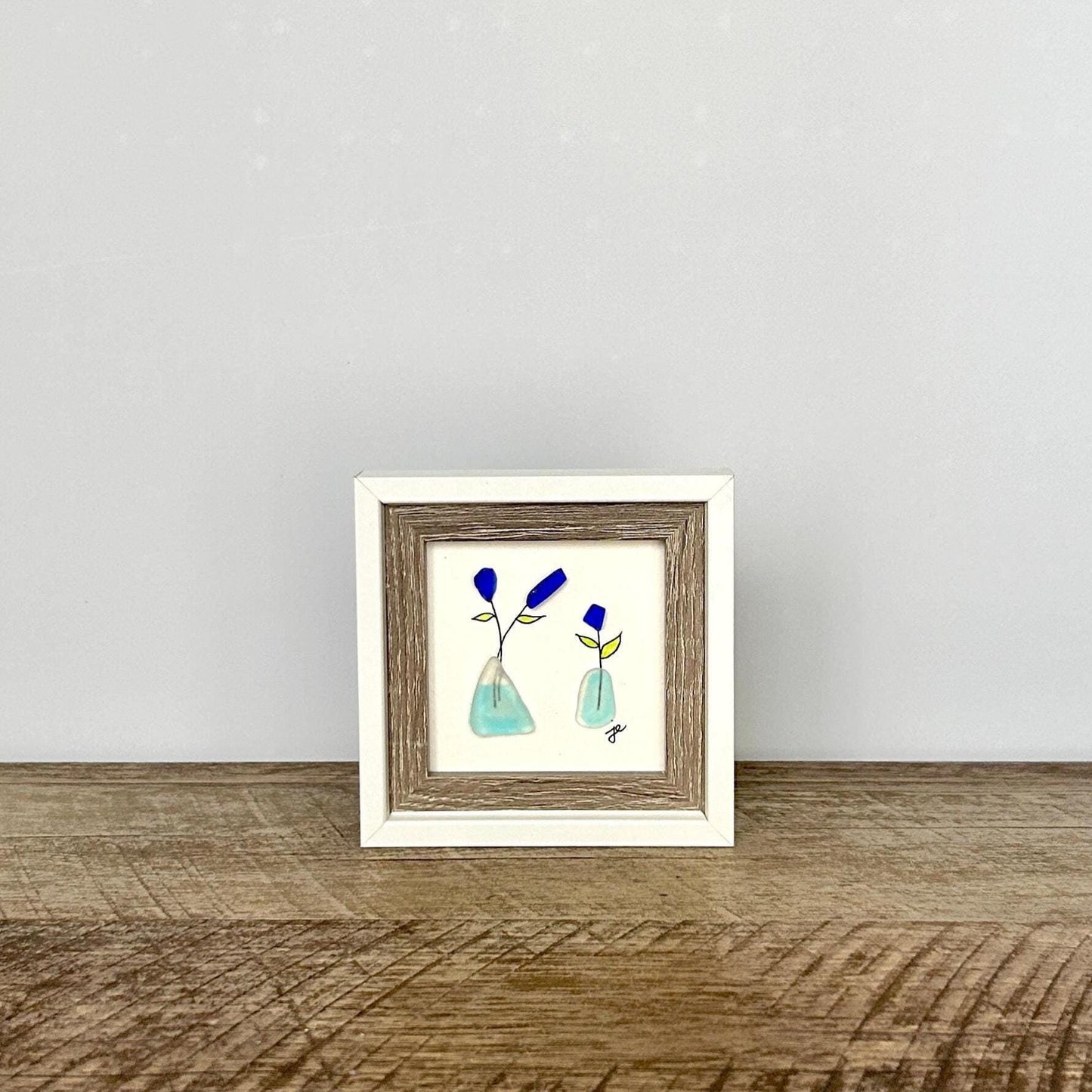 Blue Sea Glass Flowers in Vases - Framed Mini Artwork - 3x3