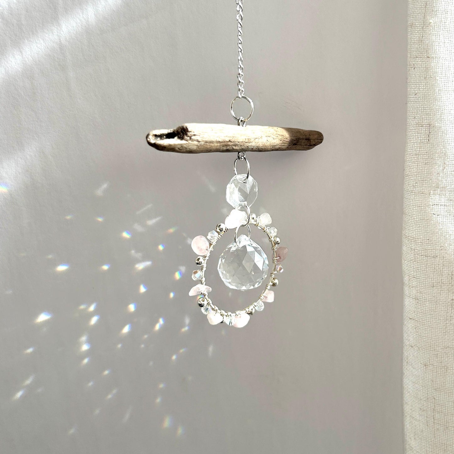 Rose Quartz & Driftwood Prism Suncatcher