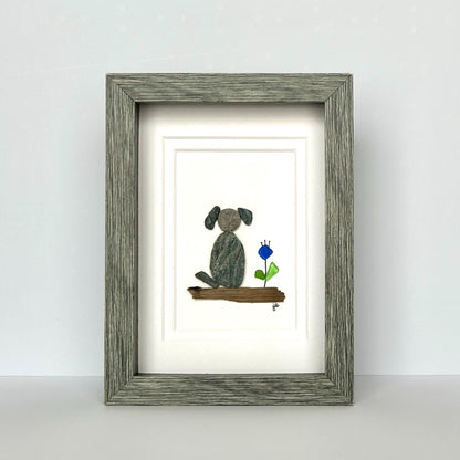 Beach Pebble Dog and Sea Glass Flower - 5-in x 7-in