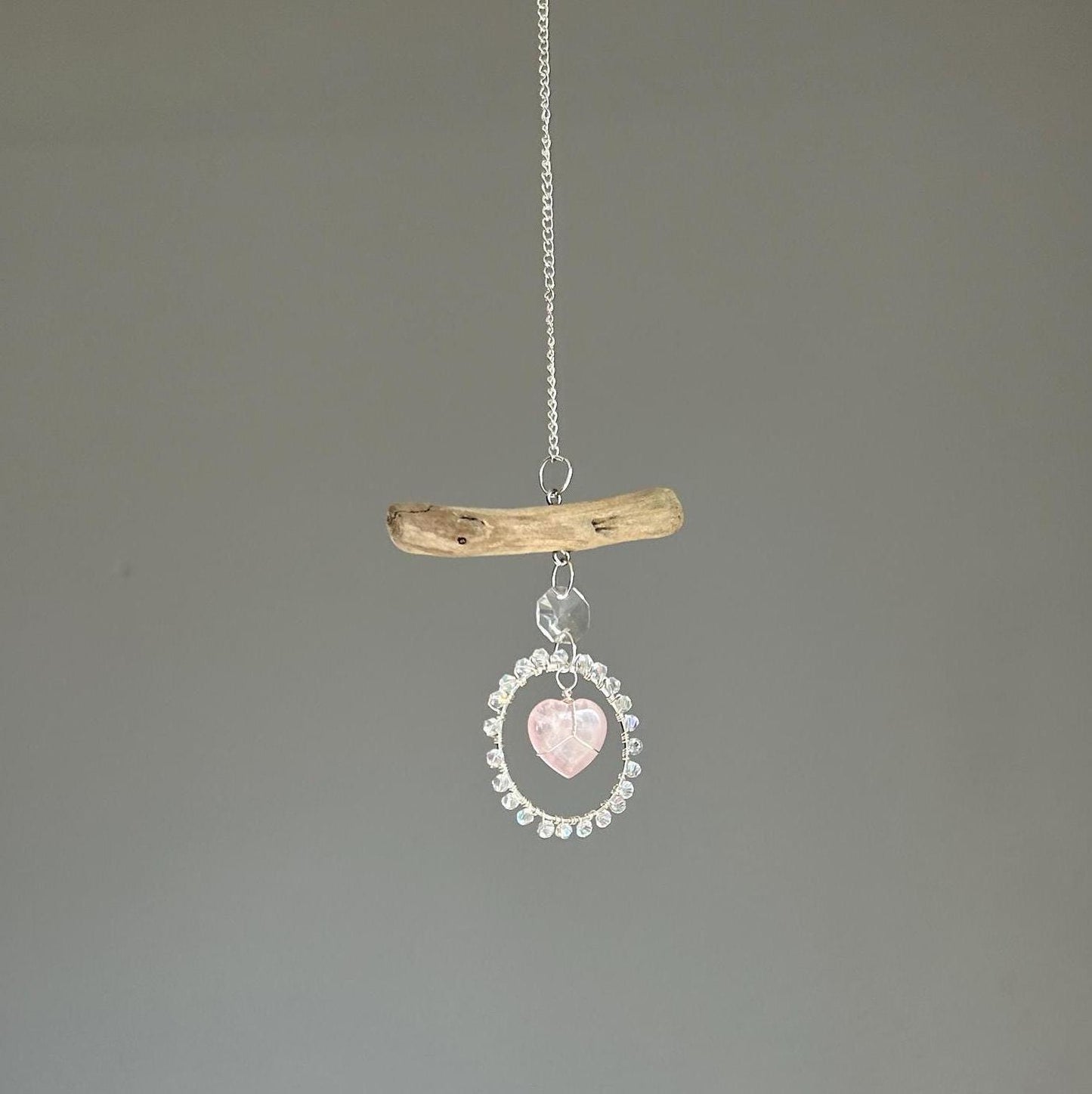 Rose Quartz Heart & Driftwood Suncatcher